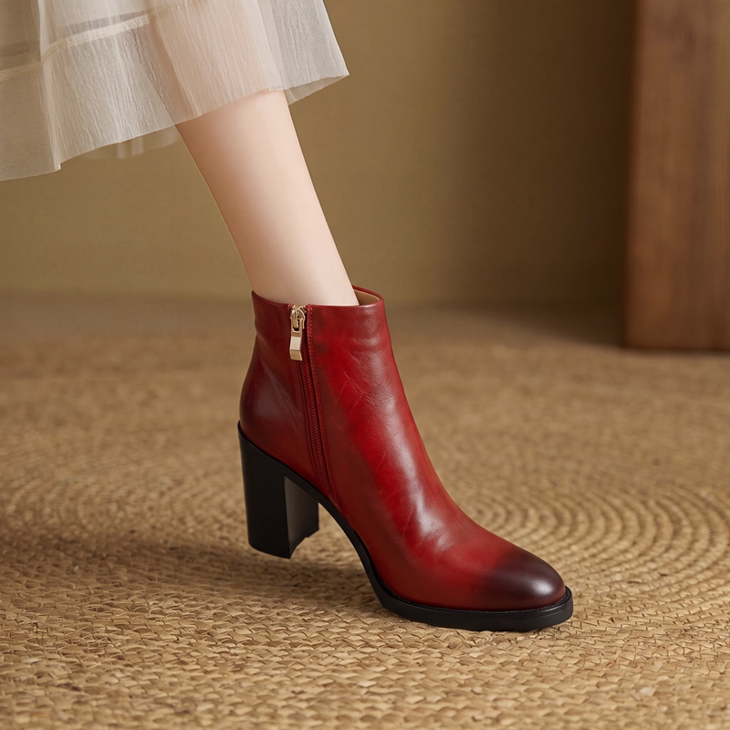 Leather Work Women Shoes - Block Heel Square Toe Ankle Booties