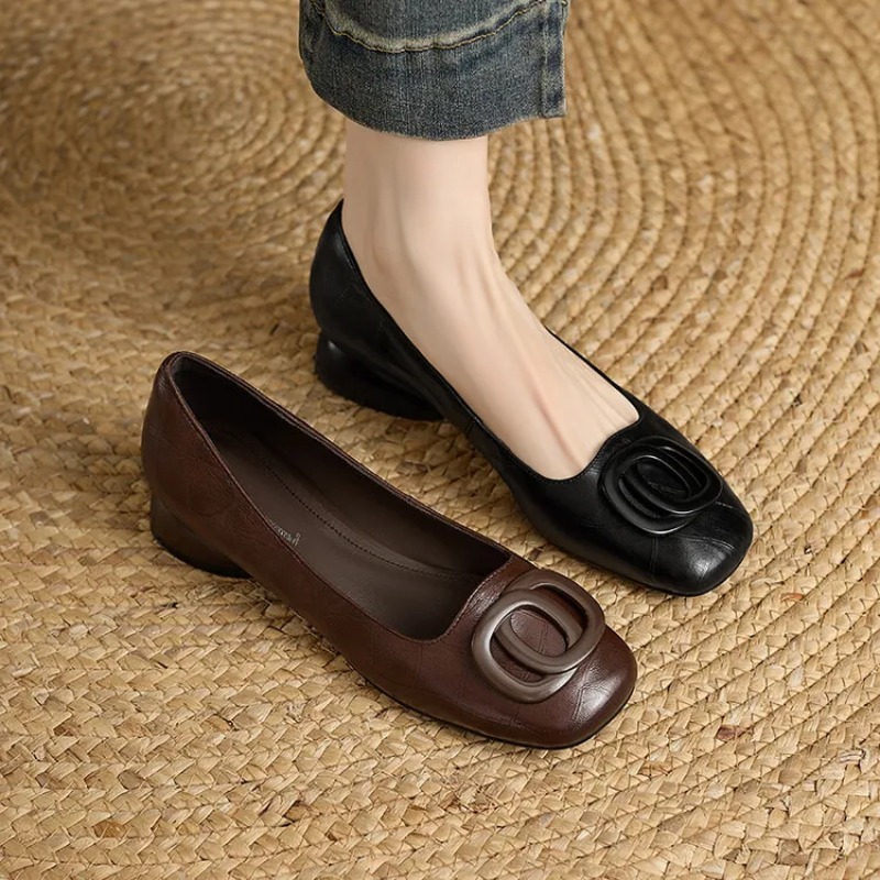 French Style Women Shoes Pumps - Leather Work Heels ulasan dan harga
