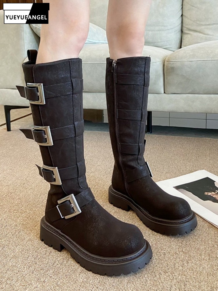 Fashion Women Multi Buckle Kne - Leather Work Women Shoes ulasan dan harga