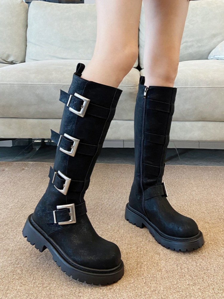 Fashion Women Multi Buckle Kne - Leather Work Women Shoes ulasan dan harga