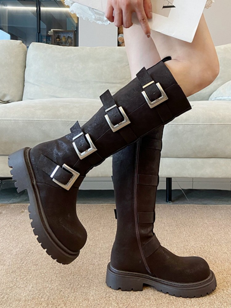 Fashion Women Multi Buckle Kne - Leather Work Women Shoes ulasan dan harga