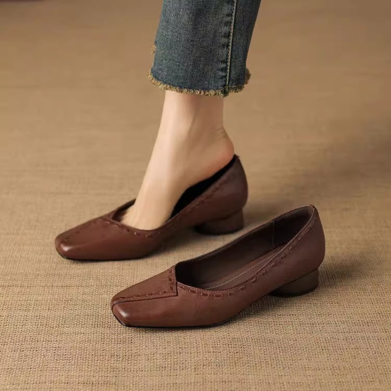 Elegant Square Toe Chunky Heel - Leather Work Outfit ulasan dan harga