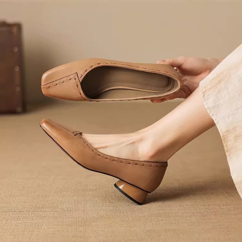 Elegant Square Toe Chunky Heel - Leather Work Outfit ulasan dan harga