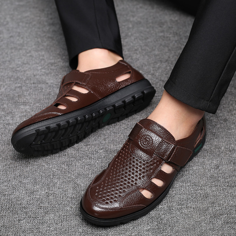 Men's Leather Sandals Hollow O - Leather Work Outfit ulasan dan harga