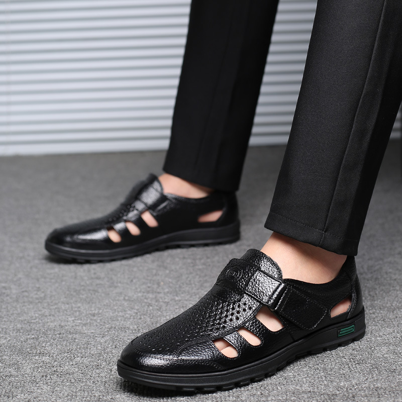 Men's Leather Sandals Hollow O - Leather Work Outfit ulasan dan harga